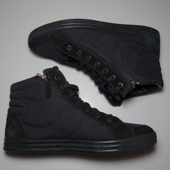 Chanel Toile Suede Calfskin Hi-Top Double Zip Sneakers Made In Italy, Size 11 - Picture 6 of 15